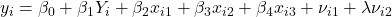 y_i = \beta_0 + \beta_1Y_i + \beta_2x_{i1} + \beta_3x_{i2} + \beta_4 x_{i3} + \nu_{i1} + \lambda\nu_{i2}